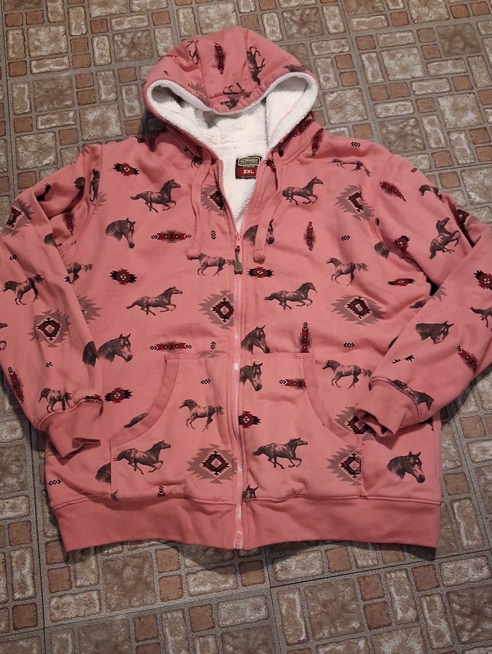 Pink Sherpa-Lined Horse Print Hooded Puffer Jacket Size 2XL